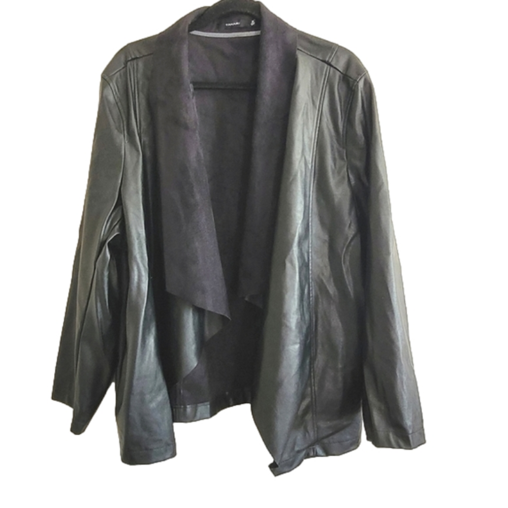 Tahari Black Faux Leather Waterfall Lapel Jacket Size 2X